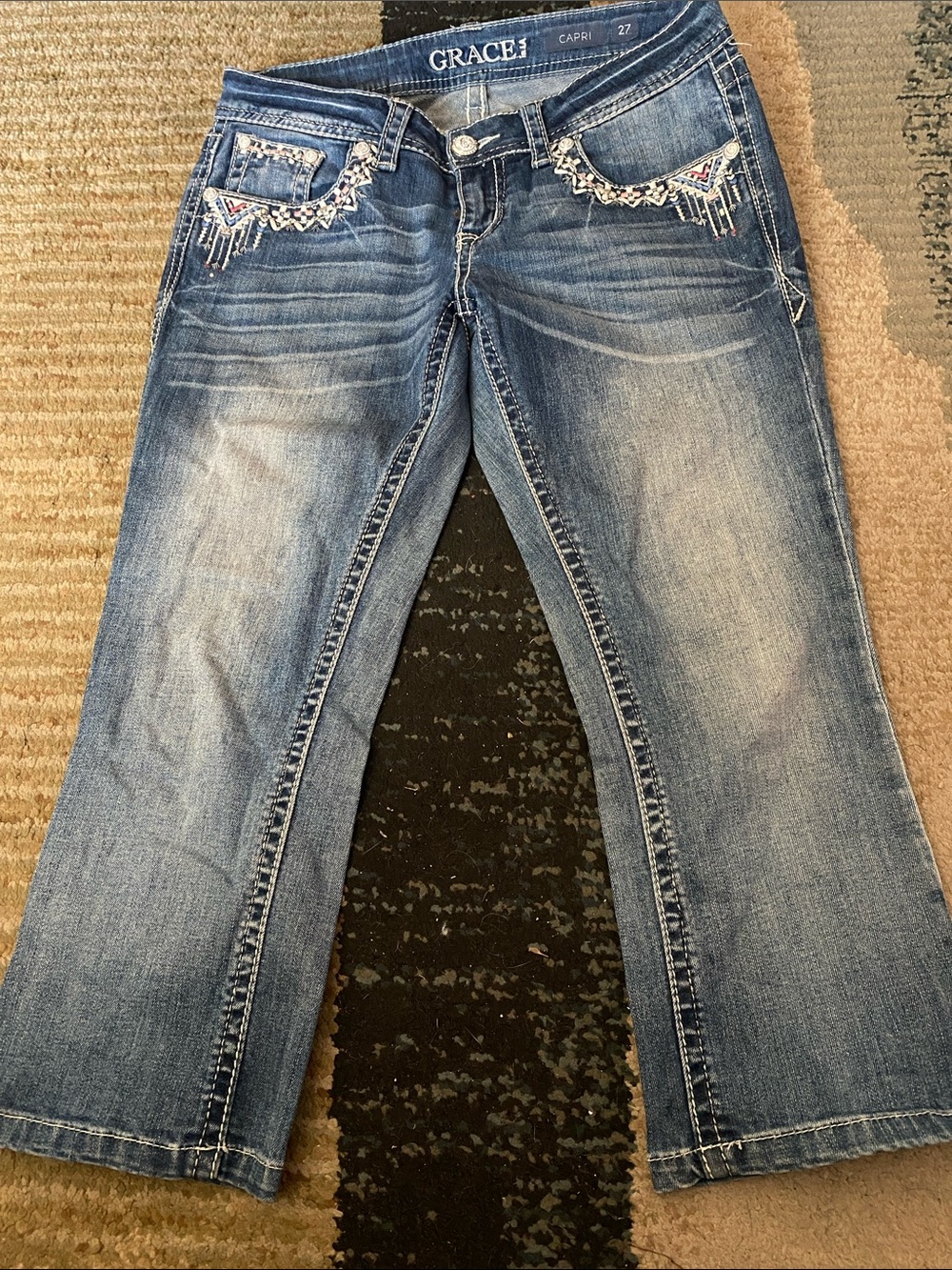 Grace in LA Blue Embroidered Capri Jeans